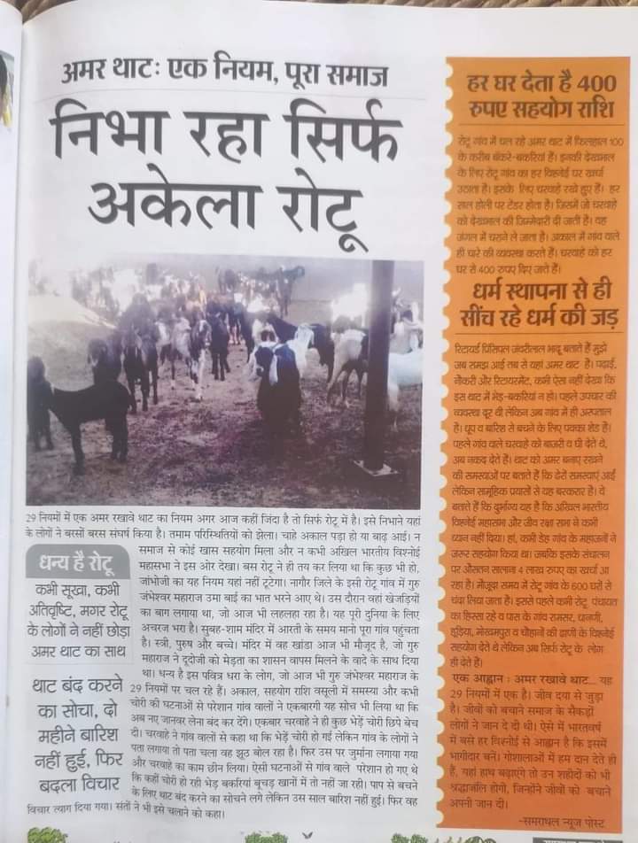 बिश्नोई धर्म में गौशाला के स्थान पर थाट की परंपरा थी जिसमें सभी जीवों जैसे गौधन, भैंसा,बकरे,नर भेड़ आदि के नर पशुओं को संरक्षण दिया जाता था (हालाकि बिश्नोई धर्म में भेड़ –बकरी पालना प्रतिबंधित था पर अन्य जातियों के लोग बकरे को बेचने की बजाय संरक्षण के लिए थाट में डाल देते थे )