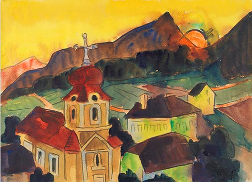 MenschOhneMusil's tweet photo. Karl #SchmidtRottluff. Gebirgsdorf mit Kirche, Um 1925. https://t.co/lMK4MSPtks