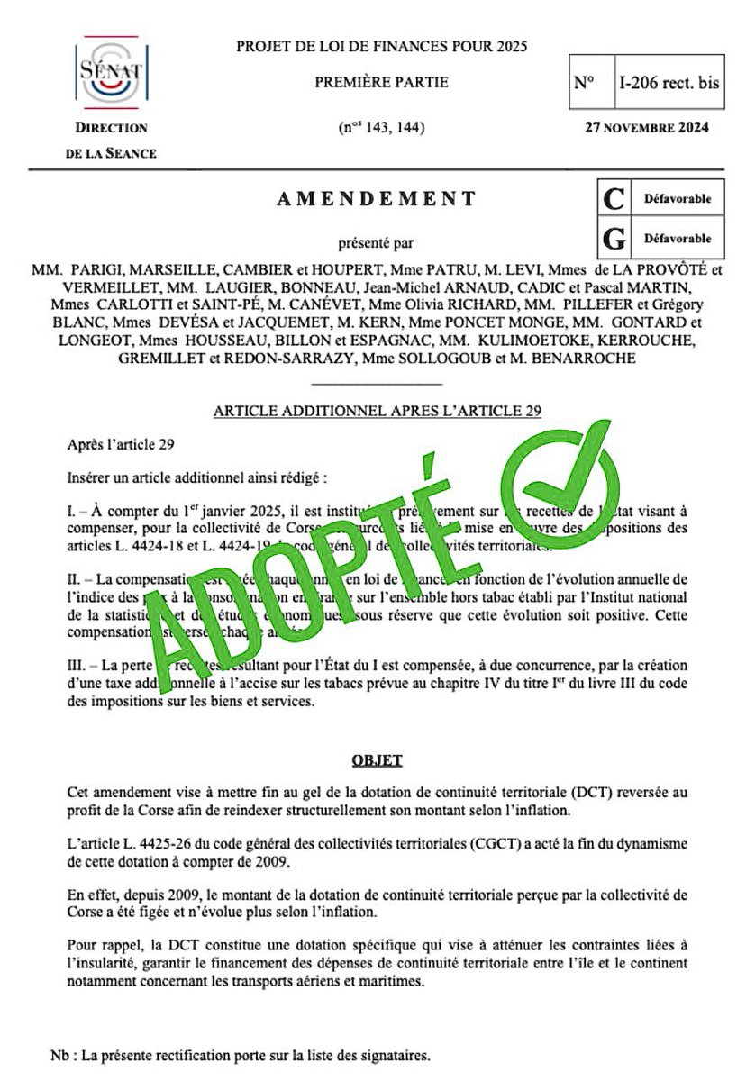 #PLF2025 | Vittoria 

✅ Adoption de mon amendement sur l’indexation annuelle de la DCT grâce à un vote transpartisan au Sénat. 

✅ Garantie du gouvernent d’abonder de 50 millions d'euros la Dotation de Continuité Territoriale (DCT) en seconde partie du PLF.

1/3