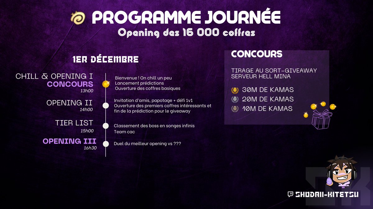Salut tous l'monde, aujourd'hui je vous poste mon petit planning de demain :
Sachez que pour le giveaway vous n'aurez qu'une heure, de 13H à 14H environ pour y participer, vous aurez tous les détails à 13H sur Twitch.

Bon samedi à tous