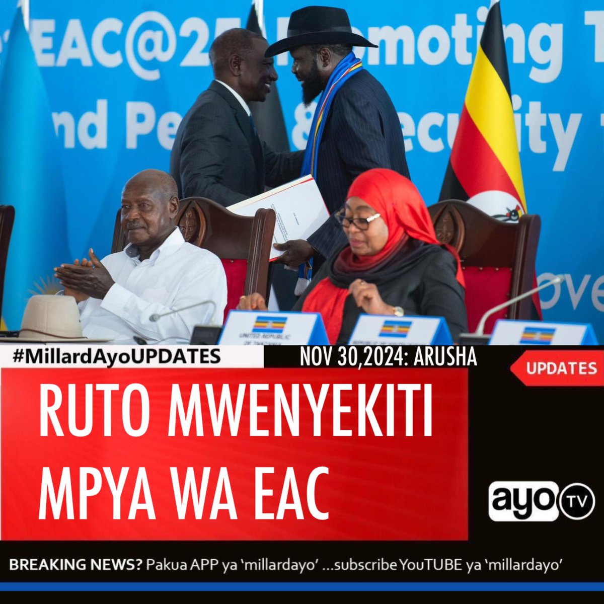 millardayo's tweet photo. Rais wa Kenya, William  Ruto ametangazwa rasmi kuwa Mwenyekiti wa Jumuiya ya Afrika Mashariki(EAC) akichukua nafasi hiyo kutoka kwa Rais wa Sudan, Salva Kiir Mayardit ambaye amemaliza muda wake.

Uamuzi huo umetangazwa katika Mkutano wa 24 wa Wakuu wa Nchi Wanachama wa Jumuiya ya Afrika Mashariki (EAC) Jijini Arusha leo November 30,2024.

Itakumbukwa Salva Kiir alitangazwa kushika nafasi hiyo November 24,2023 kwenye Mkutano kama huo ambao pia uliridhia Nchi ya Somalia kujiunga EAC na kuwa Mwanachama wa nane wa Jumuiya.
#MillardAyoUPDATES