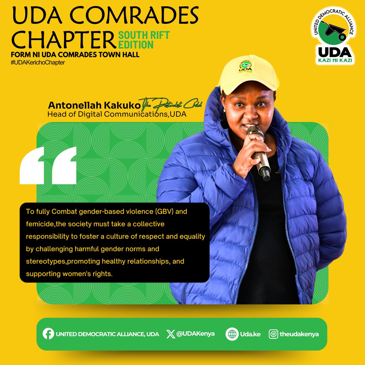 WilliamsMkenya's tweet photo. Form Ni UDA!
Antonellah Kakuko, Head of Digital Communications,UDA at the comrades town hall #UDAKerichoChapter stated that President William Ruto commits to combating Gender-Based Violence (GBV) through the Safe Space campaign, doubling resources for women and youth, and has tasked Deputy President Kithure Kindiki with urgent affirmative actions within six months.