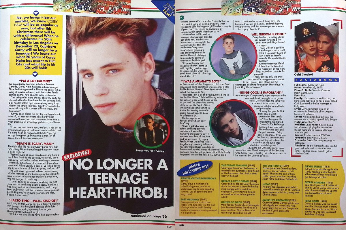 TvDidYouSee's tweet image. #OnThisDay 30 November 1991 - NUMBER ONE magazine -#LukePerry explains how SEX IS SERIOUS STUFF AT BEVERLY HILLS HIGH
NO LONGER A TEENAGE HEART-THROB #CoreyHaim reveals "I was a real mummy's boy"
THEY'RE BOXING MAD - Salt 'N' Pepa
APPLES AND PEARS - Minder's new boy #GaryWebster
