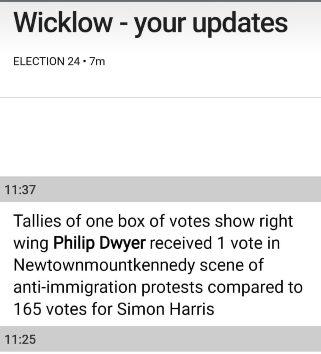 Philip Dwyer received one vote in Newtownmountkennedy. 

One vote.