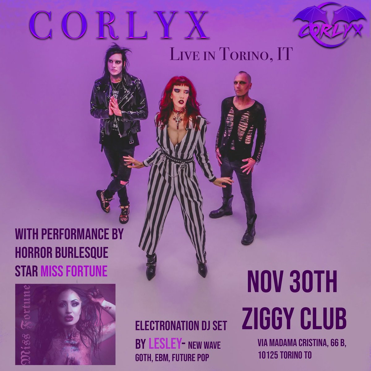 Questa sera @ Ziggy Club - Torino - ElectroNation Party - Dj Lesley - Live: Corlyx - Performance: Miss Fortune