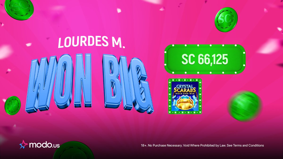 🎉 Big Winner of The Week! 🎉 Congratulations to Lourdes M. from Volente, TX, for an incredible win of SC  66,125.00 while playing Crystal Scarabs by 3 Oaks. 🔮 

Collect 5,000 FREE GC &amp; Play Now! 👉 modo.jckpt.me/6b303e8f46

#Modous #BigWin #SweepstakeCoins