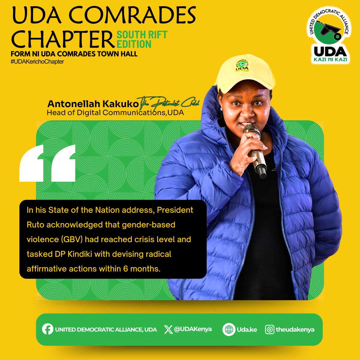 Ben__Mogaka's tweet photo. In his State of the Nation address, President Ruto tasked Interior Cabinet Secretary, Kindiki, with implementing radical affirmative actions within six months to tackle the crisis of GBV.
#UDAKerichoChapter
Form Ni UDA
Comrades Town Hall https://t.co/umqIA37XVc