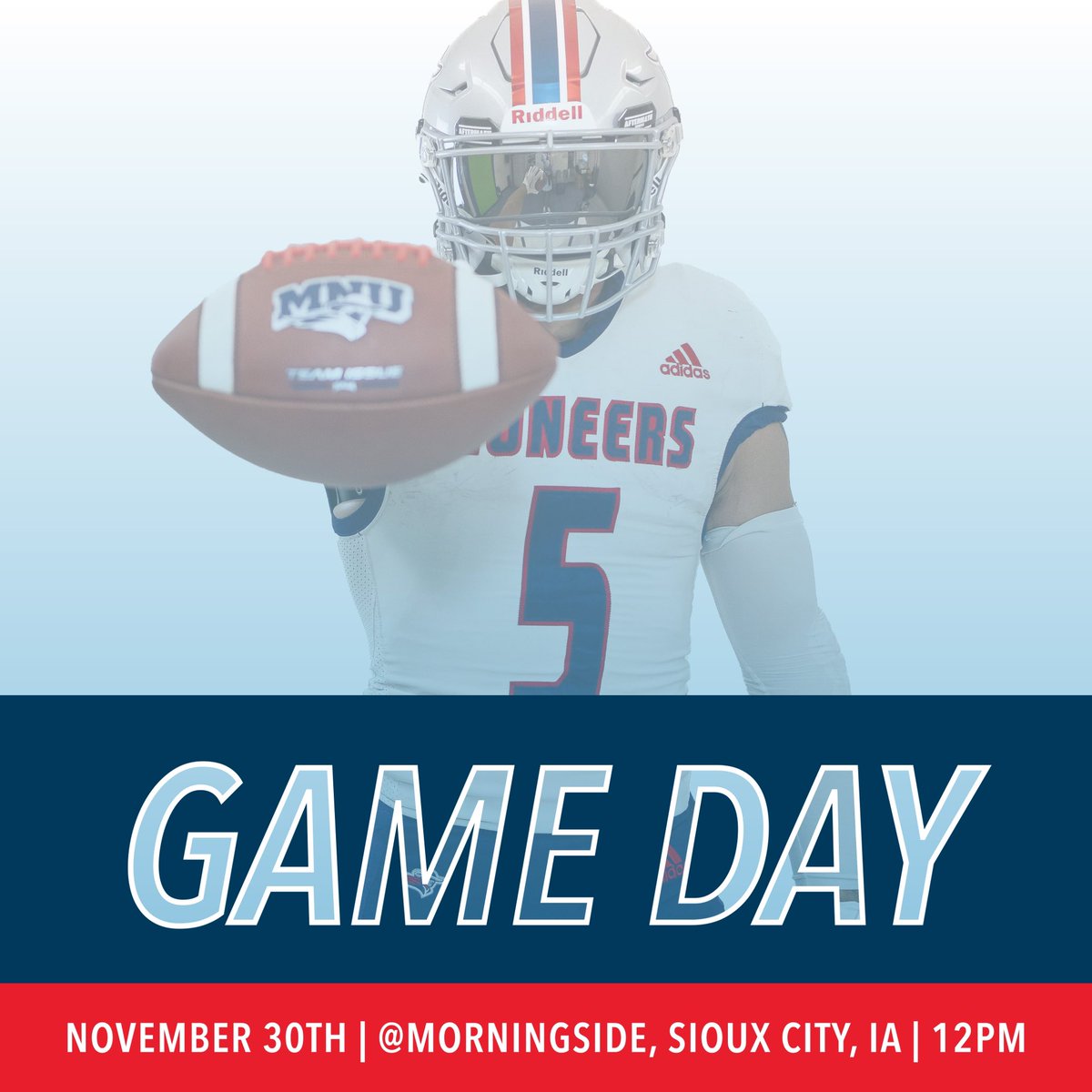 MNUFootball_'s tweet photo. Naia Playoffs
⚪️🔵GAME DAY⚪️🔵
⏰: 12:00 PM
📍: Sioux City, IA
🆚: Morningside 
📊: https://t.co/1c7hwRhSxh
🖥: https://t.co/SnEgY8DoWn
#T3 https://t.co/B896Z1HbK4