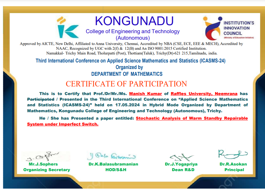 🎉 Excited to share that I presented my research paper "Stochastic Analysis of Warm Standby Repairable System under Imperfect Switch" at the ICASMS-24 conference! 📊✨
 #Research, #Mathematics, &amp; #Innovation! 🚀
#AI #Engineering #TechTalks #ICASM #Conference2024 #BTechJourney