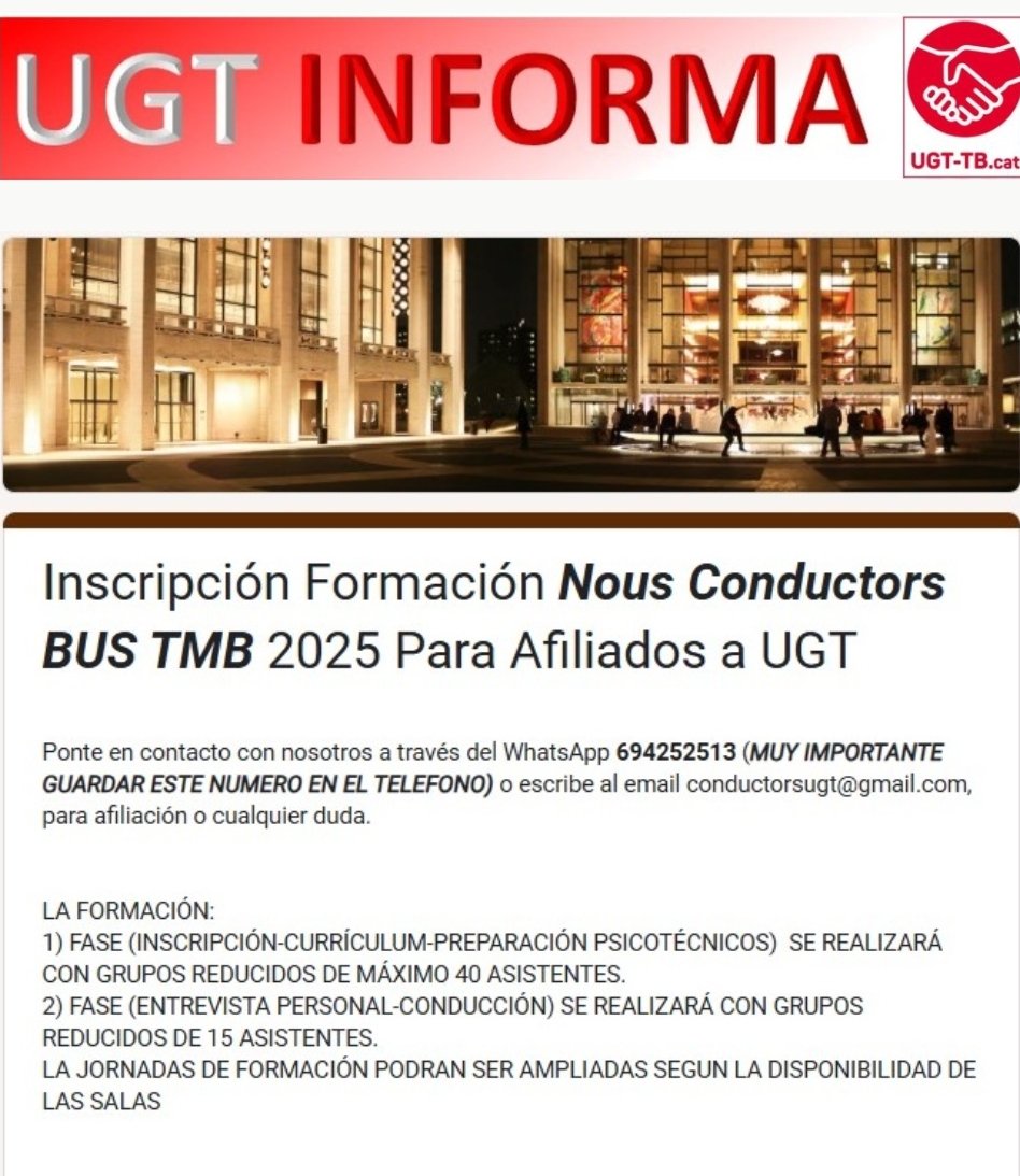 UGTBusTMB's tweet photo. UGT-TB  PREPARA CURSO PARA LA ENTRADA EN BREVE DE  270 PERSONAS CONDUCTORES EN TRANSPORTS DE BARCELONA S.A.
Inscríbase en el link de abajo
Nous Conductors BUS TMB 2025 -  https://t.co/tnqHxjOMUq https://t.co/BiKi8dwes6