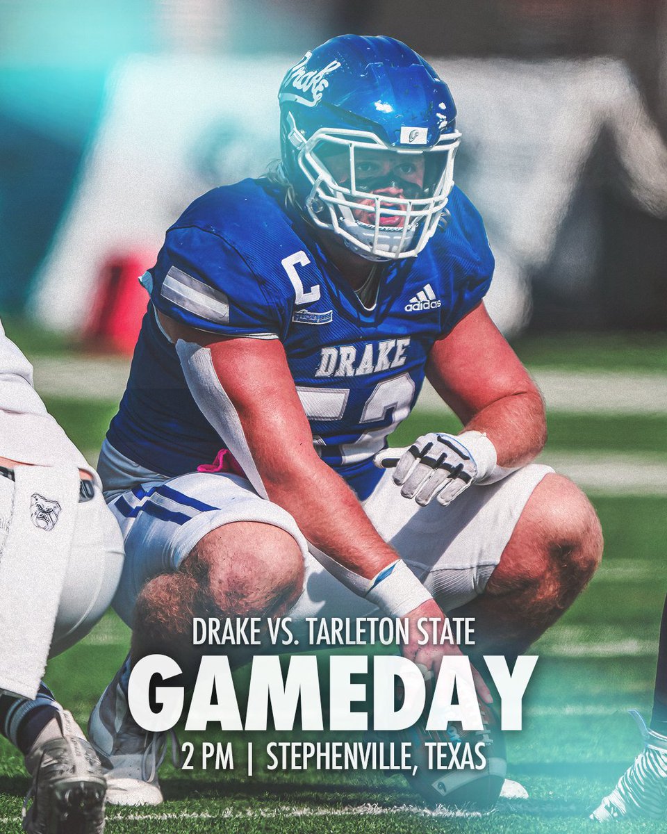 Drake Football (@drakebulldogsfb) on Twitter photo 𝗣𝗹𝗮𝘆𝗼𝗳𝗳 𝗧𝗶𝗺𝗲
🆚 <a href="/TarletonFB/">Tarleton State Football</a>
⏰ 2 PM CT
🏟️ Tarleton Memorial Stadium
📍 Stephenville, Texas
📺 ESPN+
📻 1350/102.1 ESPN Des Moines
🔊 The Varsity Network App
📊 bit.ly/3BhzUUN
#RAISEtheBAR | #DSMHometownTeam 𝗣𝗹𝗮𝘆𝗼𝗳𝗳 𝗧𝗶𝗺𝗲
🆚 <a href="/TarletonFB/">Tarleton State Football</a>
⏰ 2 PM CT
🏟️ Tarleton Memorial Stadium
📍 Stephenville, Texas
📺 ESPN+
📻 1350/102.1 ESPN Des Moines
🔊 The Varsity Network App
📊 bit.ly/3BhzUUN
#RAISEtheBAR | #DSMHometownTeam