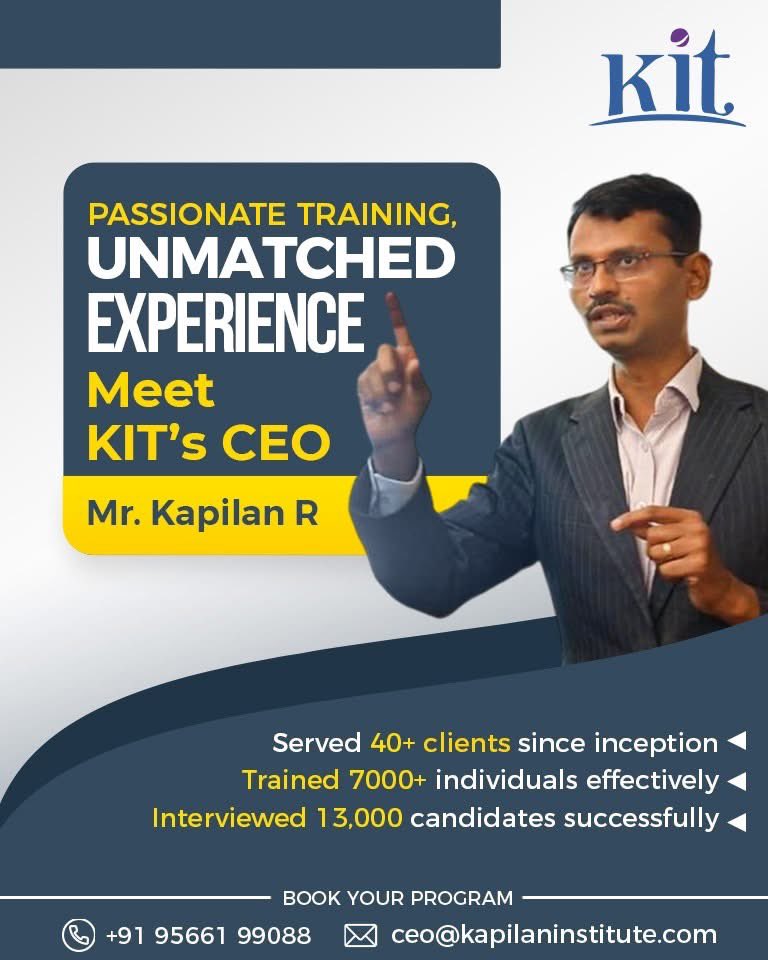 KapilanR's tweet image. Experience unmatched learning with KIT&apos;s PASSIONATE training programs! 🌟 Elevate your skills, empower your team, and drive success—book your session today!&quot;

#UnmatchedExperience #PassionateTraining #KITCoaching #EmpowerYourTeam #SkillDevelopment