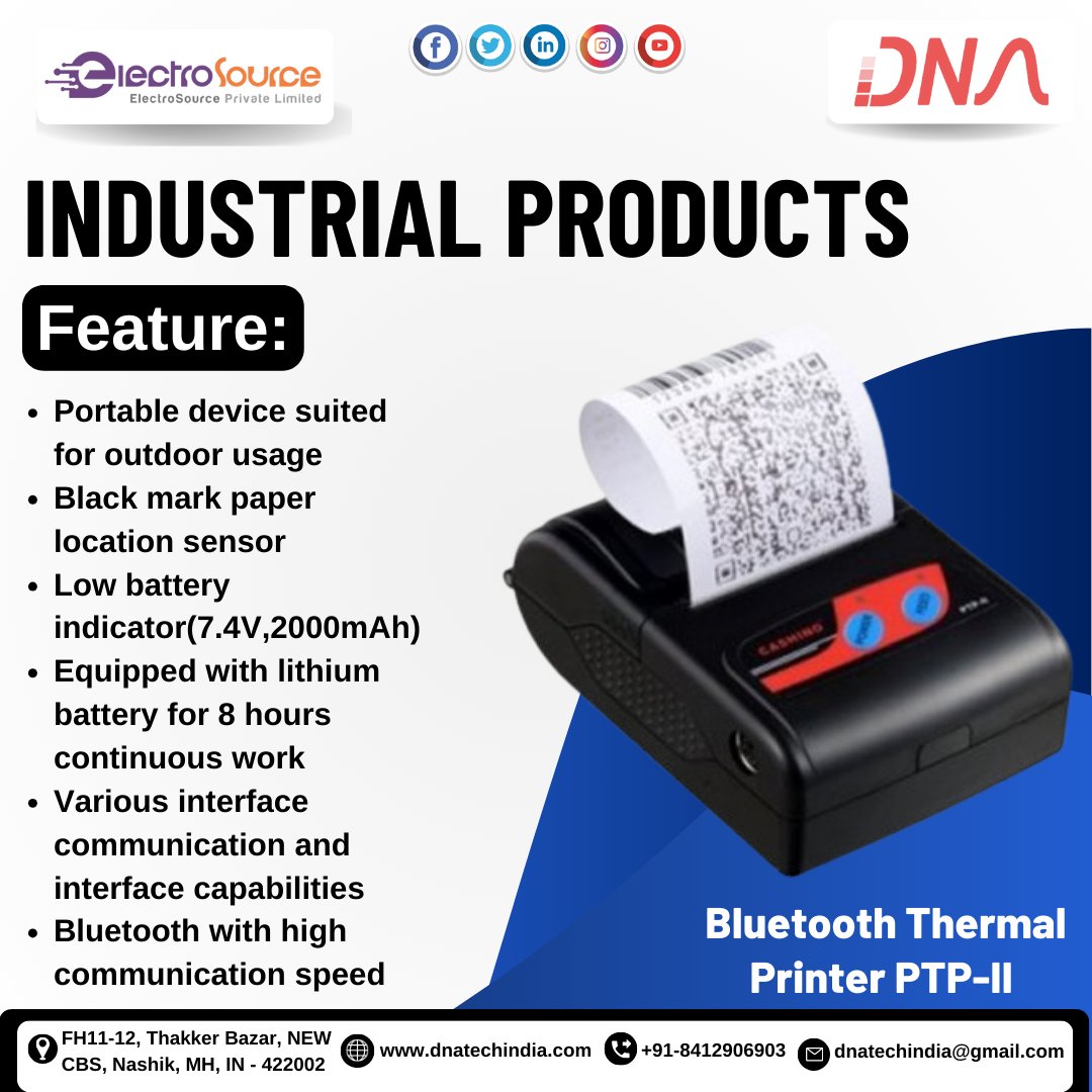 Industrial Products 
Bluetooth Thermal Printer PTP-II
#industrial #products #printer #ptp #portable #devices #outdoor #usage #black #sensor #low #battery #lithium #battery #hours #continous #work #nashikcity