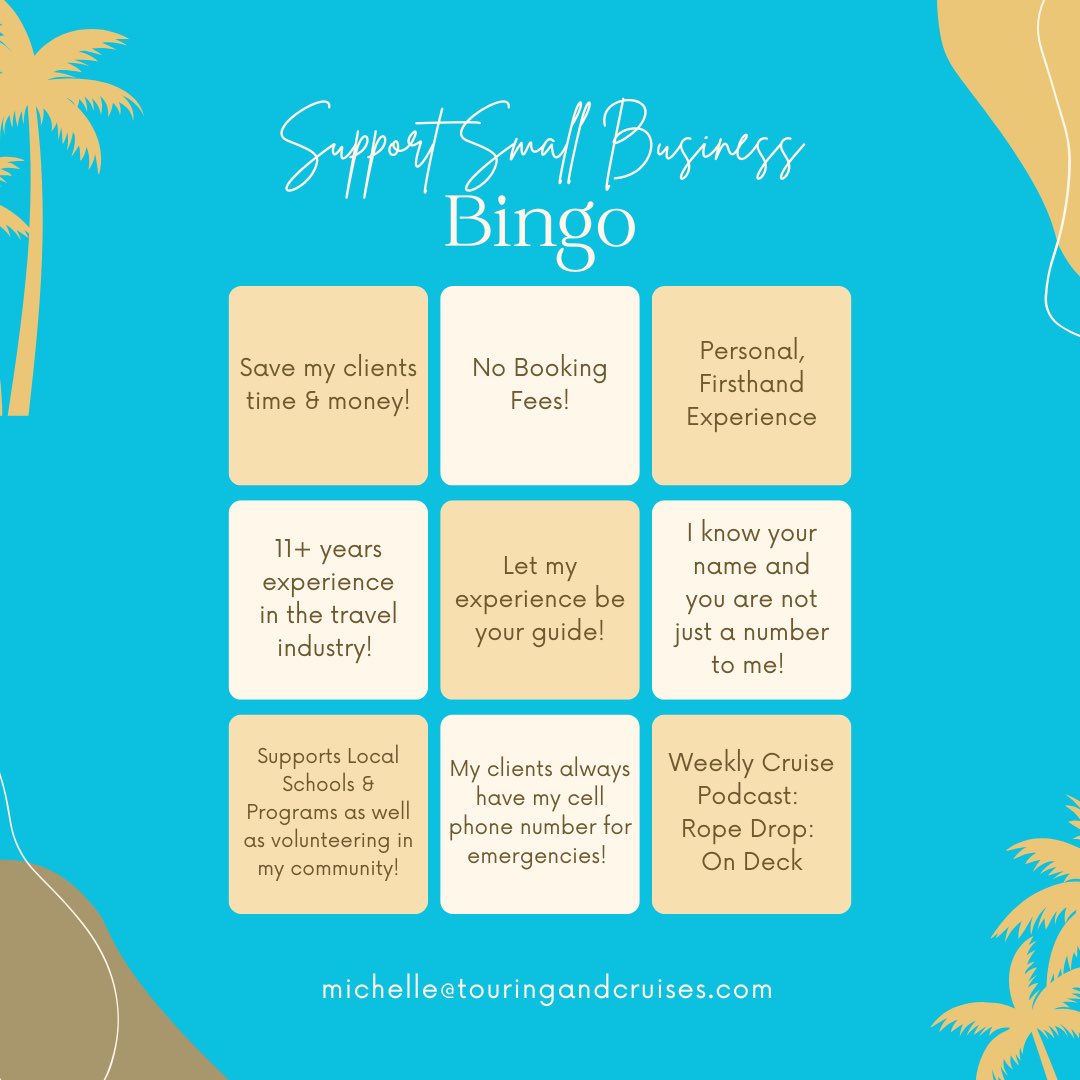 Today is SMALL BUSINESS SATURDAY!  I'm grateful for everyone's support. Check out my Bingo card to see reasons to book a trip with me.

And here are different ways you can help me:
🛳️Book your next trip with me
🌴Refer your friends/family to me
🎢Post photos of a trip I booked