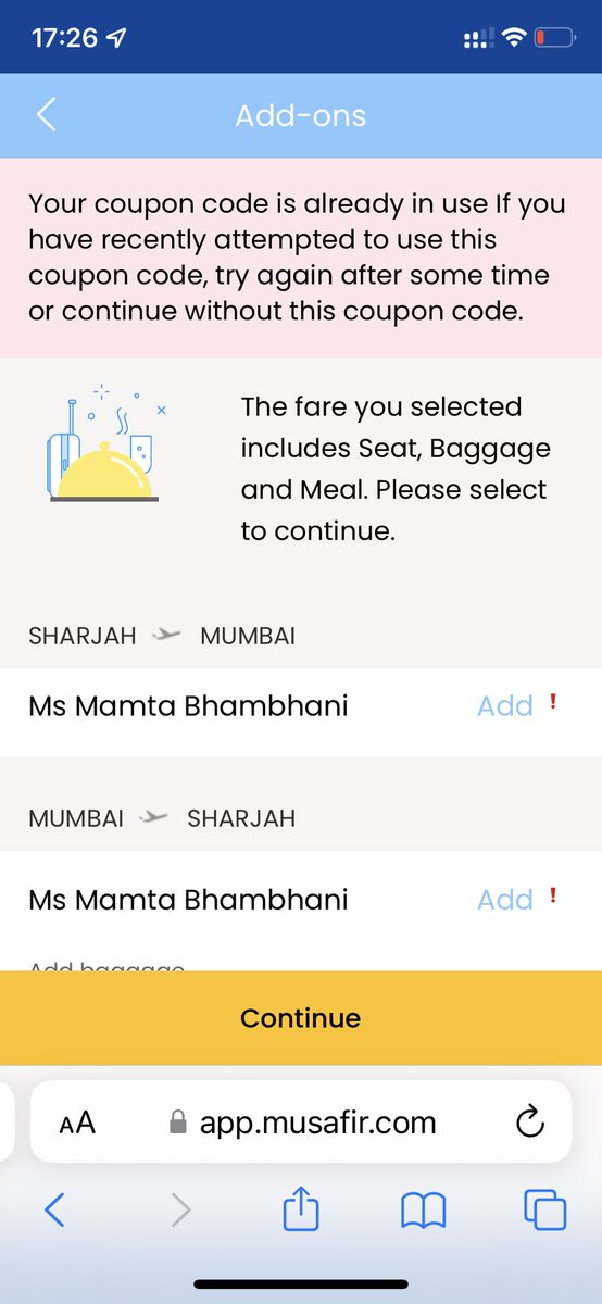 Chiru192's tweet photo. @musafirdotcom when I am entering the coupon on the first page it is accepting to only reject on next page and claiming it’s in use. Post my previous comment, we need support from the team to resolve this issue urgently!! https://t.co/43ZNQb8FaX