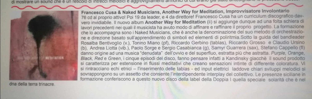 FrancescoCusa's tweet photo. Altra recensione per Francesco Cusa "Naked Musicians" “Another Way for Meditation”. Grazie ad Amedeo Furfaro. 

Francescos Cusas https://t.co/bpjcWB4kOQ
