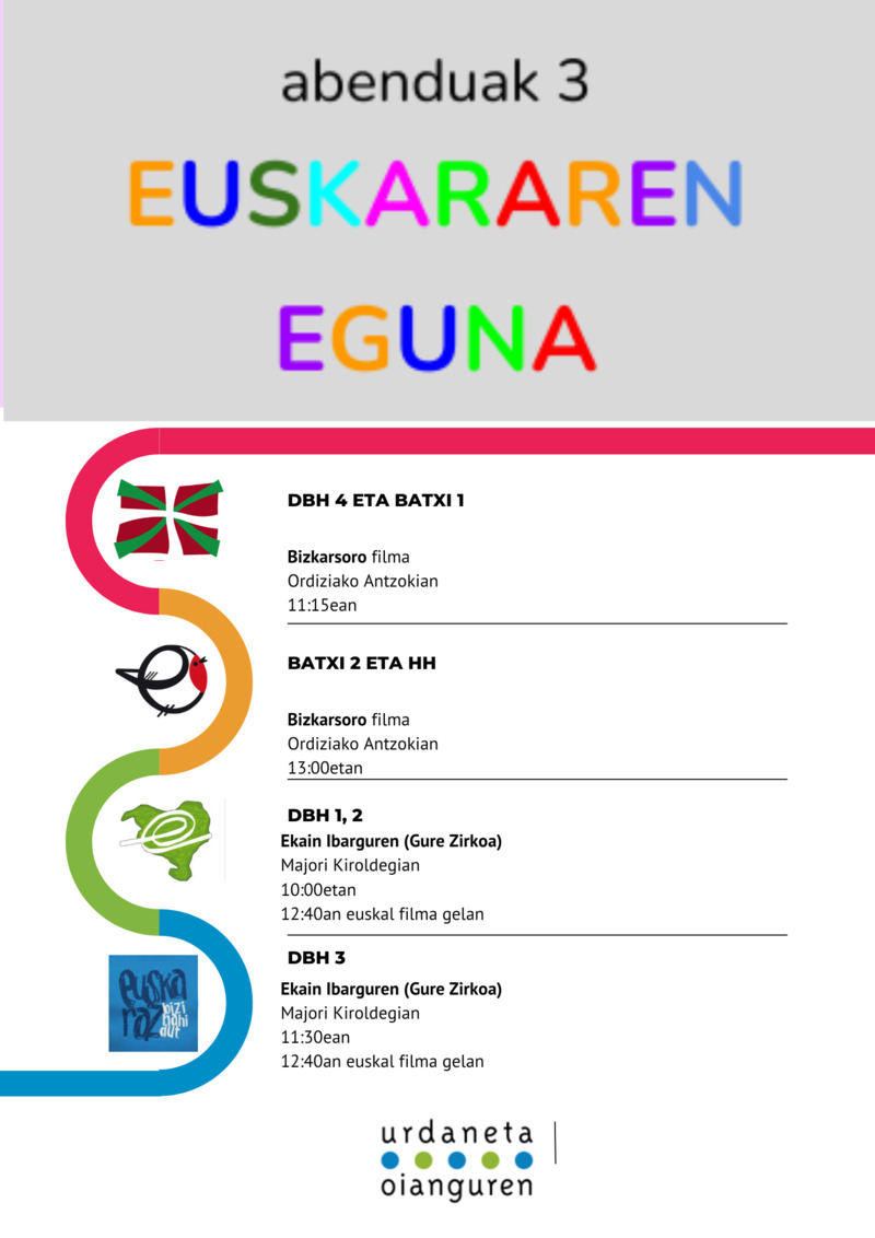 Abenduak 3. Euskararen eguna. 
Hona hemen gure egitaraua: 
<a href="/oianguGE/">Oiangu guraso elkartea</a> <a href="/AdeiBarandiaran/">Adei Barandiaran</a> <a href="/BaikaraF/">Baikara Federazioa</a> <a href="/urdanetahi/">Urdaneta Ikastetxea</a> <a href="/garlegor/">Gorka Arretxe</a> <a href="/EHIGE1/">EHIGE</a> 
#EuskararenEguna #abenduak3 #EuskarazBiziNahiDut