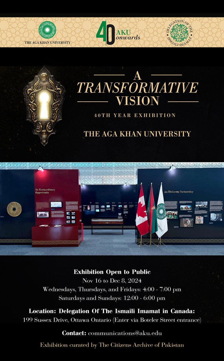 AKDNinCanada's tweet photo. Just 1 week left to see an inspiring exhibition of the incredible 40-year journey of @AKUGlobal through #ATransformativeVision, at the Delegation of the Ismaili Imamat until Dec 8.
Wed-Fri: 4โ7pm & Sat-Sun: 12โ6pm.
Enter from the Boteler St.
https://t.co/xeSaa58rQJ
#40YearsOfAKU https://t.co/3wJy4rl7vQ