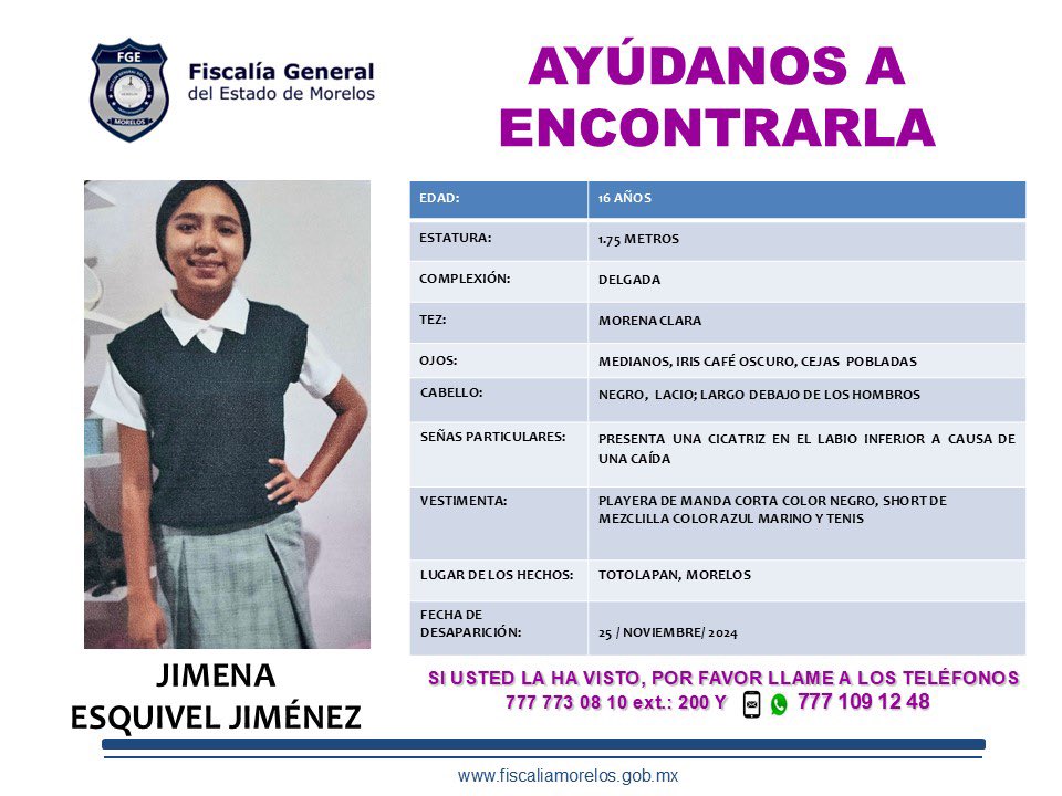 Fiscalia_Mor's tweet photo. #FiscalíaMorelos solicita su colaboración para localizar a    JIMENA ESQUIVEL JIMÉNEZ de   16 años de edad. https://t.co/aBcXeah9en