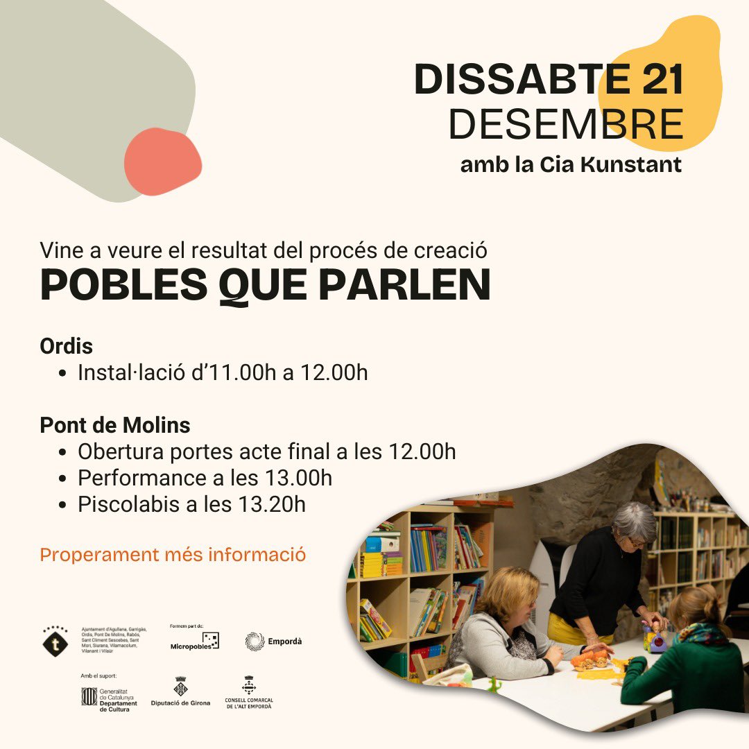 Ens veurem el ✨dissabte 21 de desembre ✨

🏘️ El procés de creació Pobles que parlen, culminarà amb una instal·lació escènica i una representació de les veïnes de l’Empordà.

💛 Vine a descobrir les històries amagades i relats dels micropobles!

🔜 Pròximament més informació