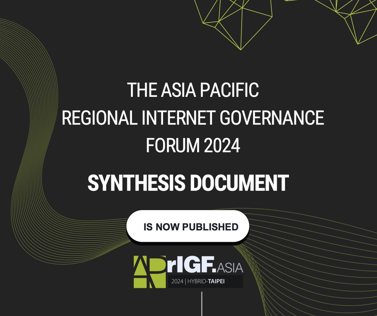 The Asia Pacific Regional Internet Governance Forum Taipei 2024 Synthesis Document is now published, you may go to ap.rigf.asia/news/2024/the-… to read the document.

#aprigf2024 #SynthesisDocument #IntGov #AsiaPacific