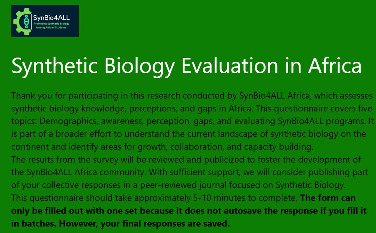 SynBio4ALL Africa (@synbio4alla) on Twitter photo If your from Africa, I request we participate actively, fill, like, repost and share with others.
Fill out this survey and also help share
SynBio4ALL Africa is requesting your participation in this survey forms.office.com/Pages/Response…. It will take 5 mins. <a href="/misstarny/">Rosemond Nyatefe Tawiah</a> <a href="/AfricanShakirah/">Shakirah Namuli 🐘</a> If your from Africa, I request we participate actively, fill, like, repost and share with others.
Fill out this survey and also help share
SynBio4ALL Africa is requesting your participation in this survey forms.office.com/Pages/Response…. It will take 5 mins. <a href="/misstarny/">Rosemond Nyatefe Tawiah</a> <a href="/AfricanShakirah/">Shakirah Namuli 🐘</a>