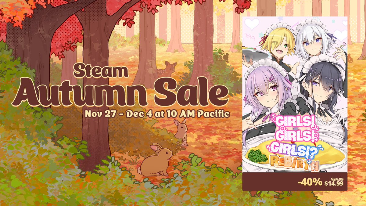 Girls! Girls! Girls!? is 40% OFF on Steam's Autumn Sale! Our biggest discount yet!

Jump into a story full of fluff, romance, friendship, and crossdressing that will keep you coming back for more!

Don't miss it: store.steampowered.com/app/1412310/Gi…

#SteamAutumnSale  #visualnovel