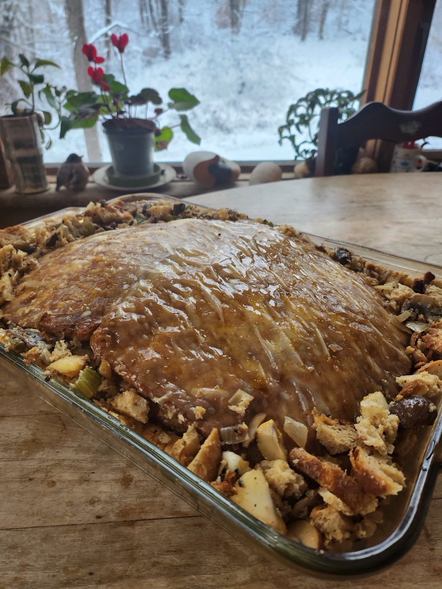 bethanycknowles's tweet photo. Roast gluten/tofu/basted rice paper with stuffing ready for the oven. Nobody died for our Thanksgiving meal. https://t.co/HHNnSUOdxS