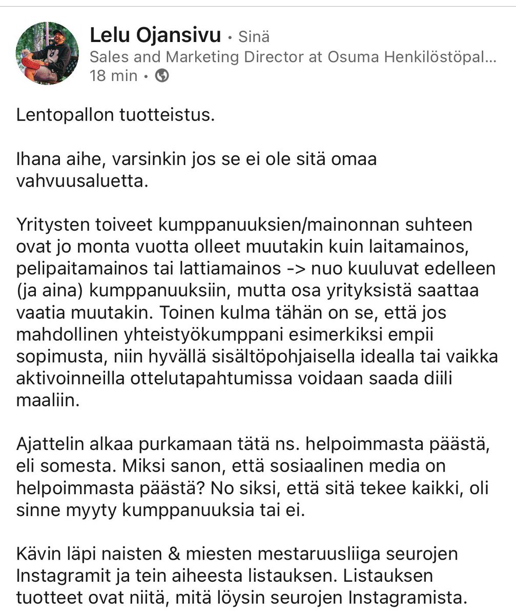 Tein pienimuotoisen tutkimuksen lentopallon tuotteistamisesta. ⬇️

Käy lukasemassa, jos aihe kiinnostaa. Koskee siis muitakin lajeja, mutta lentopallon tuotteistus kärkenä.

Tein jopa excelin.

➡️ linkedin.com/posts/lelu-oja…

#lentopallo