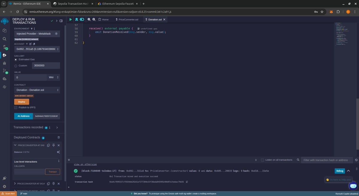 _kofi_kusi's tweet image. Just completed a donation dapp on the Ethereum Sepolia testnet 🚀! From learning Solidity to integrating Chainlink oracles, it’s been an exciting journey into Web3 development. Huge thanks to @defiafrica for the incredible support and resources. It&apos;s not ending here. #HackerBoost