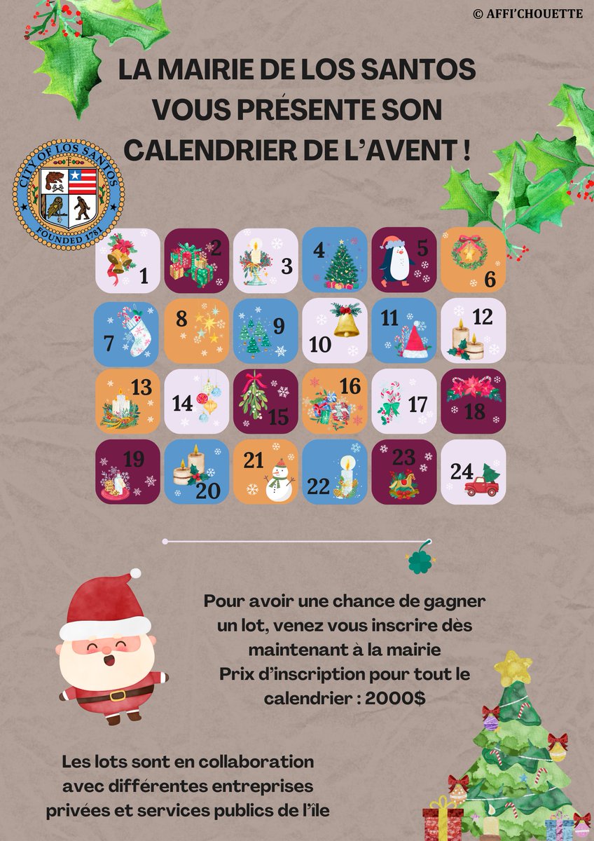 La Mairie a préparé pour les citoyens·nes de Los Plantos un calendrier de l'Avant.🎅
Chaque jour et ce jusqu'au 24 décembre, vous aurez la chance d'être tiré au sort et de gagner un lot ! N'hésitez pas à aller acheter votre calendrier 🌸
#GTAV #GTARP #losplantos #noel