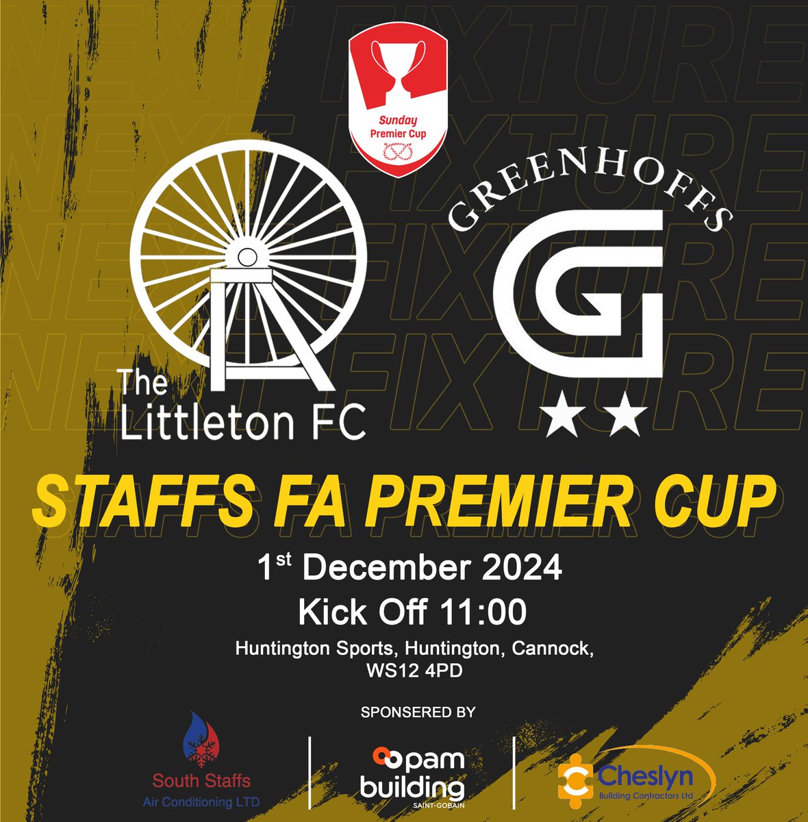🏆 Staffs FA Premier Cup Fixture - Quarter Final
🗓 1st December 2024
🆚 Greenhoffs FC
⏱ 11:00am KO
🏟 Huntington Sports, WS12 4PD
🅾️ Neil Taylor

As always your support would be massively appreciated.

#UPTHECOGGERS 🟡⚫️