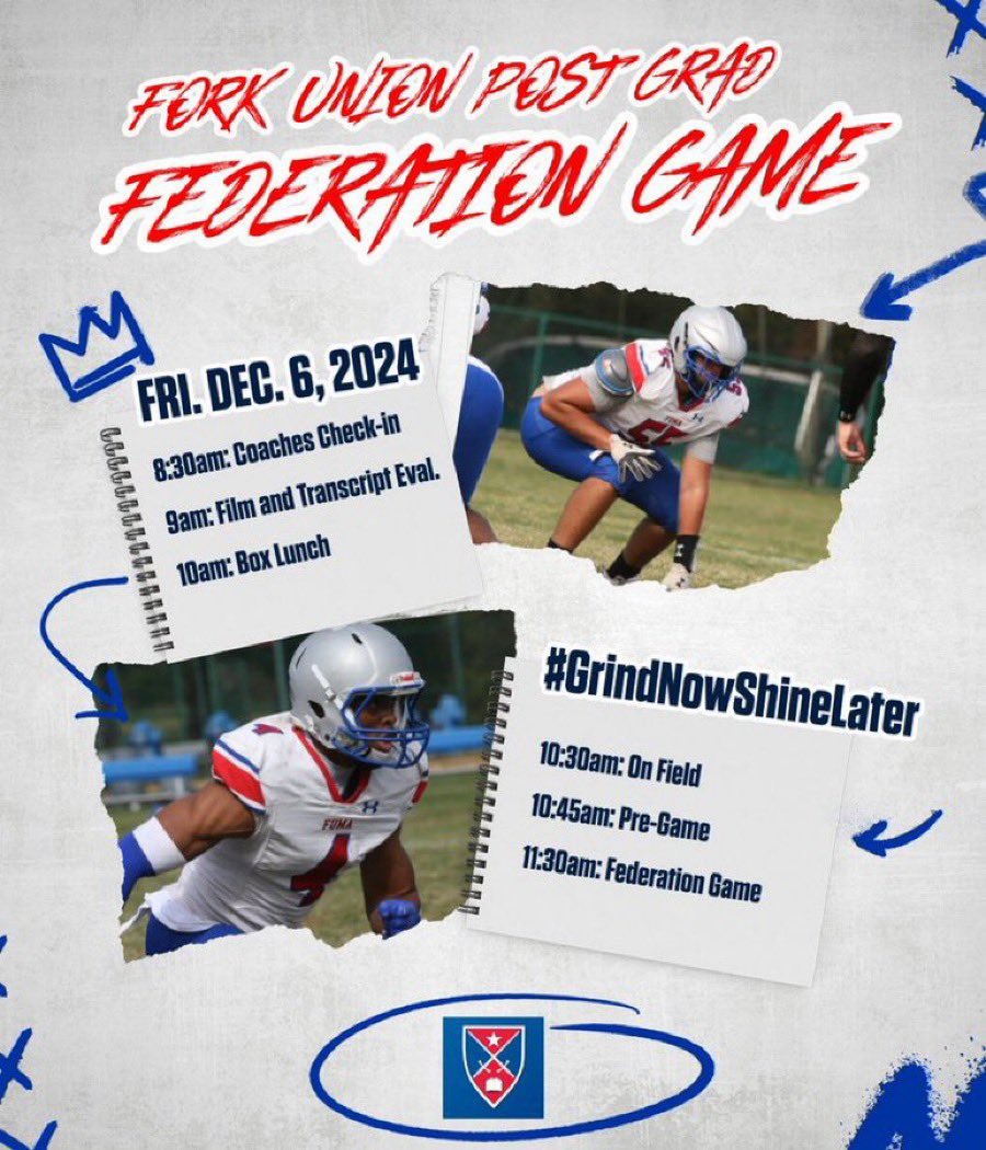 🚨Attention College Football Coaches🚨 

6️⃣ DAYS

Join us for <a href="/FUMAPGFootball/">Fork Union Military Academy Post Grad Football</a>’s Federation Game on Friday, Dec 6. Arrive at 8:30 AM to review film &amp; transcripts, then watch the on-field competition kick off at 10:30 AM! 🏈
 
#GoFUMA 
#BodyMindSpirit
#GrindNowShineLater