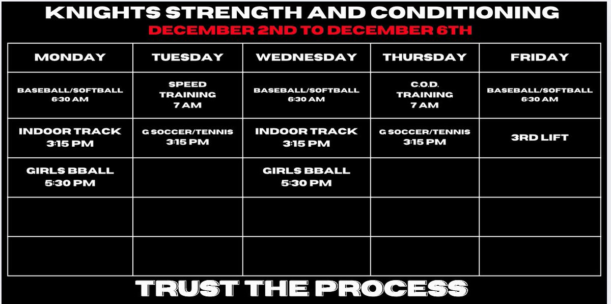 KnightStrong1's tweet image. December 2nd to 6th schedule. Big week with preseason workouts beginning for spring sports. The a.m. grind begins! 
#KnightStrong
#trusttheprocess