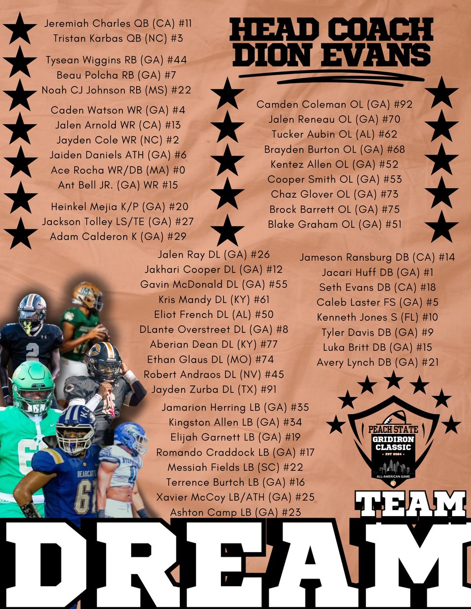 Coach Daniels (@coachdaniels06) on Twitter photo Team Dream Final Roster. 49 athletes from around the country. Representing 15 different states.
🗓️December 29th <a href="/banks_football/">Banks County Football</a> facilities.
⏰1:30 pm
💥Powered by <a href="/RecruitNE_GA/">RecruitNE_GA</a>
If you see your name repost.
🍑 <a href="/PSGC2024/">🍑Peach State Gridiron Classic All-American Game🍑</a> All-American Game 🍑 Team Dream Final Roster. 49 athletes from around the country. Representing 15 different states.
🗓️December 29th <a href="/banks_football/">Banks County Football</a> facilities.
⏰1:30 pm
💥Powered by <a href="/RecruitNE_GA/">RecruitNE_GA</a>
If you see your name repost.
🍑 <a href="/PSGC2024/">🍑Peach State Gridiron Classic All-American Game🍑</a> All-American Game 🍑