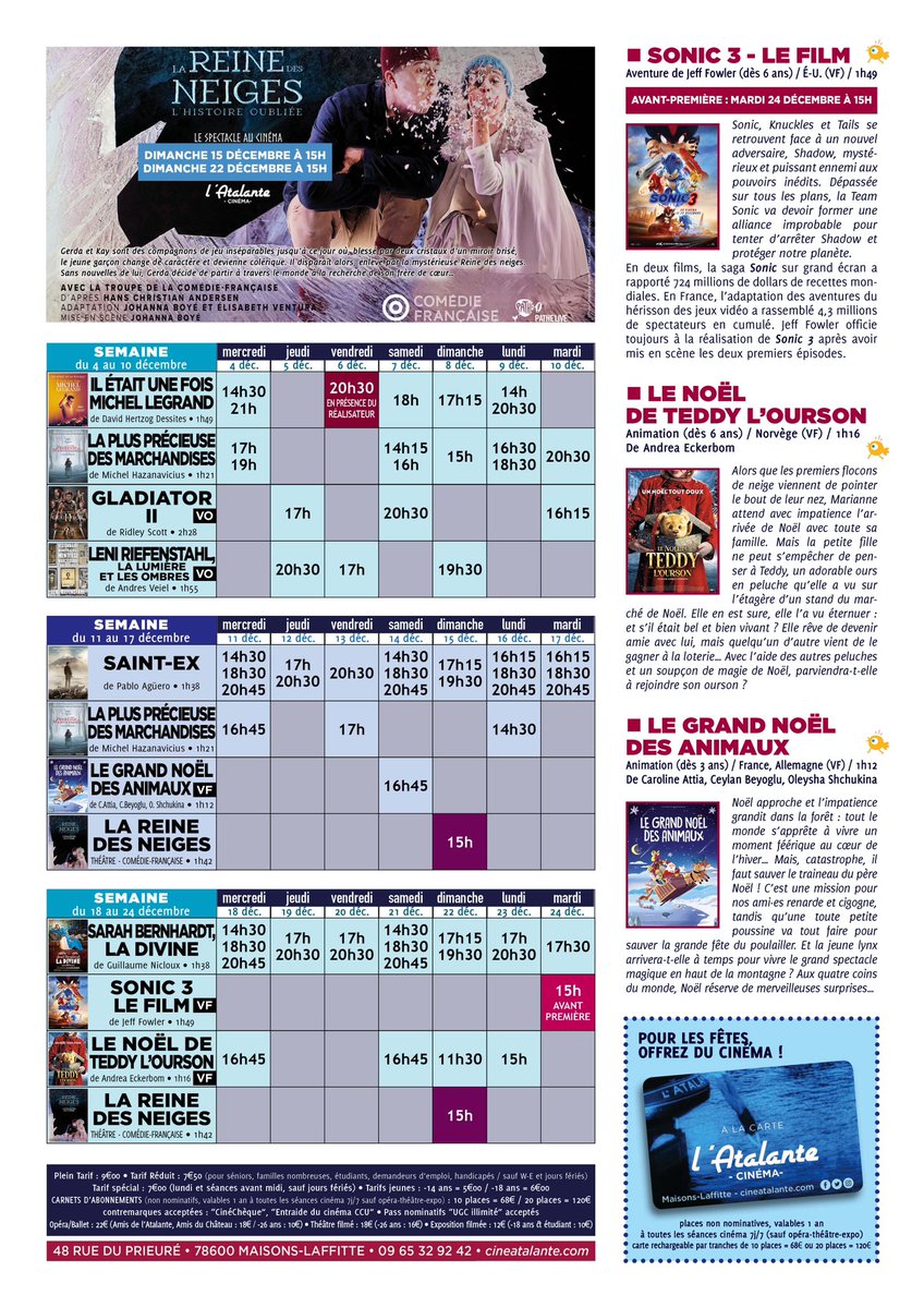 [PROGRAMME]
Découvrez le programme du 4 au 24 décembre à l'Atalante !
✍️ Ne manquez pas la séance spéciale du documentaire "IL ÉTAIT UNE FOIS MICHEL LEGRAND" présenté par son réalisateur le VENDREDI 6 DÉCEMBRE à 20H30.