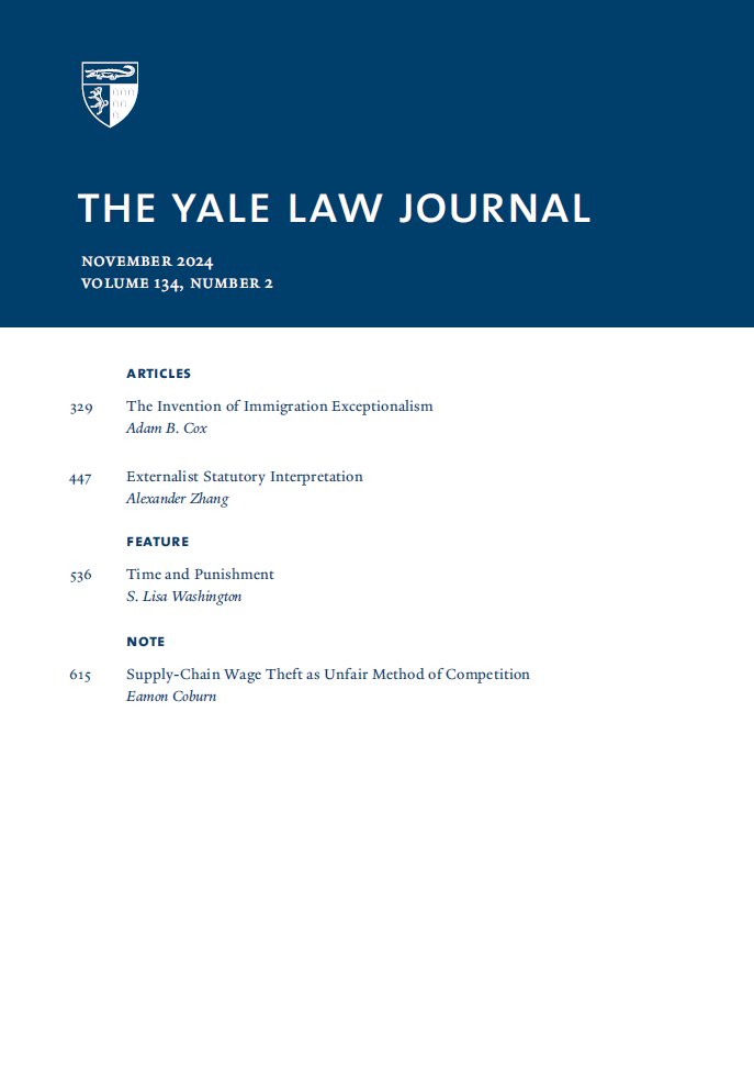 The Yale Law Journal (@yaleljournal) on Twitter photo Issue 2 of Volume 134 is live! With an Article by <a href="/adambcox/">Adam Cox</a> (<a href="/nyulaw/">NYU Law</a>); an Article by Alexander Zhang (<a href="/yale_history/">Yale History</a>); a Feature by S. Lisa Washington (<a href="/WisconsinLaw/">University of Wisconsin Law School</a>); and a Note by Eamon Coburn (<a href="/YaleLawSch/">Yale Law School</a> '25). Issue 2 of Volume 134 is live! With an Article by <a href="/adambcox/">Adam Cox</a> (<a href="/nyulaw/">NYU Law</a>); an Article by Alexander Zhang (<a href="/yale_history/">Yale History</a>); a Feature by S. Lisa Washington (<a href="/WisconsinLaw/">University of Wisconsin Law School</a>); and a Note by Eamon Coburn (<a href="/YaleLawSch/">Yale Law School</a> '25).