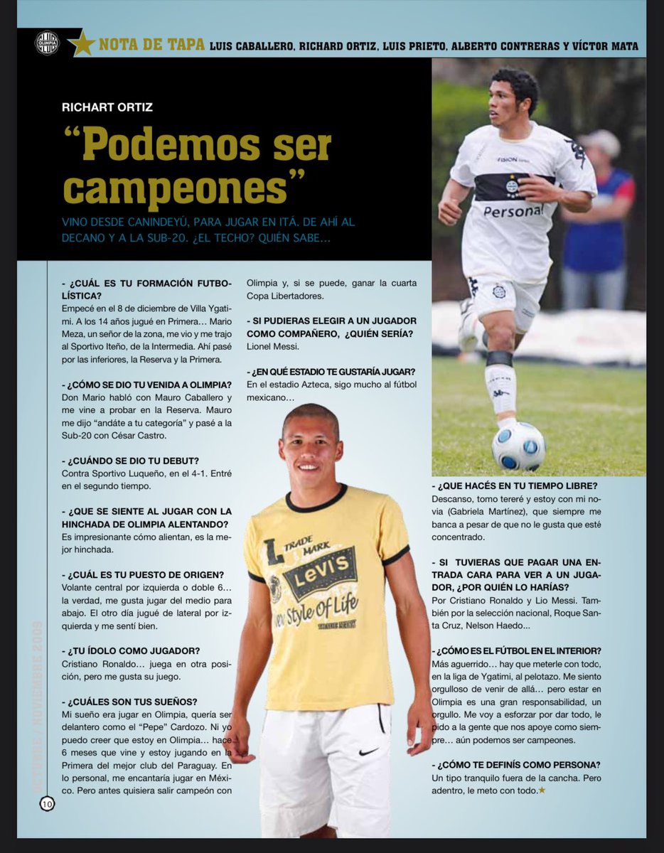 Hace 15 años <a href="/richardortiz_6/">Richard Ortiz Oficial 6️⃣</a> ya la tenía clara… llegó a <a href="/elClubOlimpia/">Club Olimpia</a> para hacer historia! 10 🏆 después sigue haciendo hazañas!