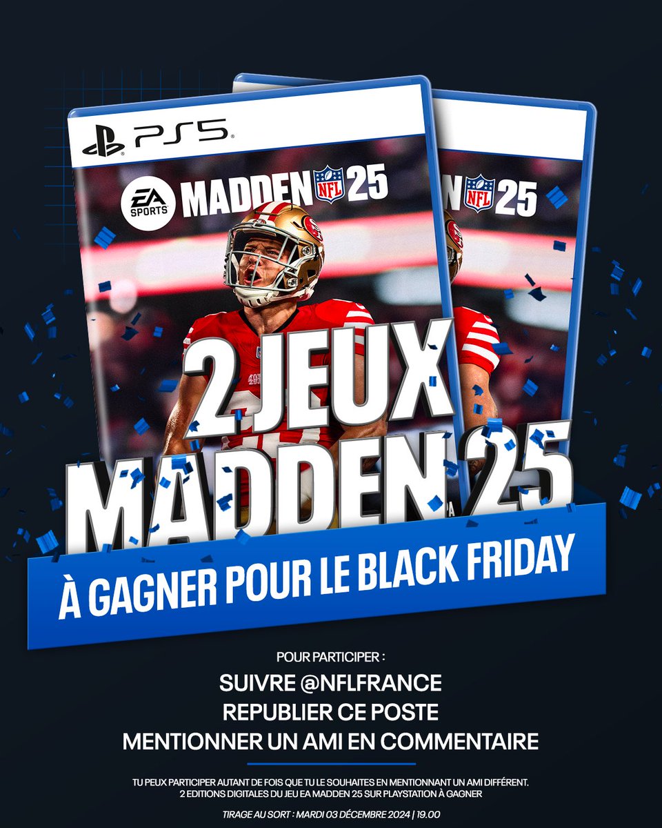 NFLFrance's tweet image. 🎮 JEU CONCOURS Madden 25 !

À l’occasion du Black Friday, nous vous offrons 2 copies du jeu @EAMaddenNFL sur PlayStation 5 !

Pour participer:
• Suivre @NFLFrance 
• RT cette publication
• Mentionner un ou une ami