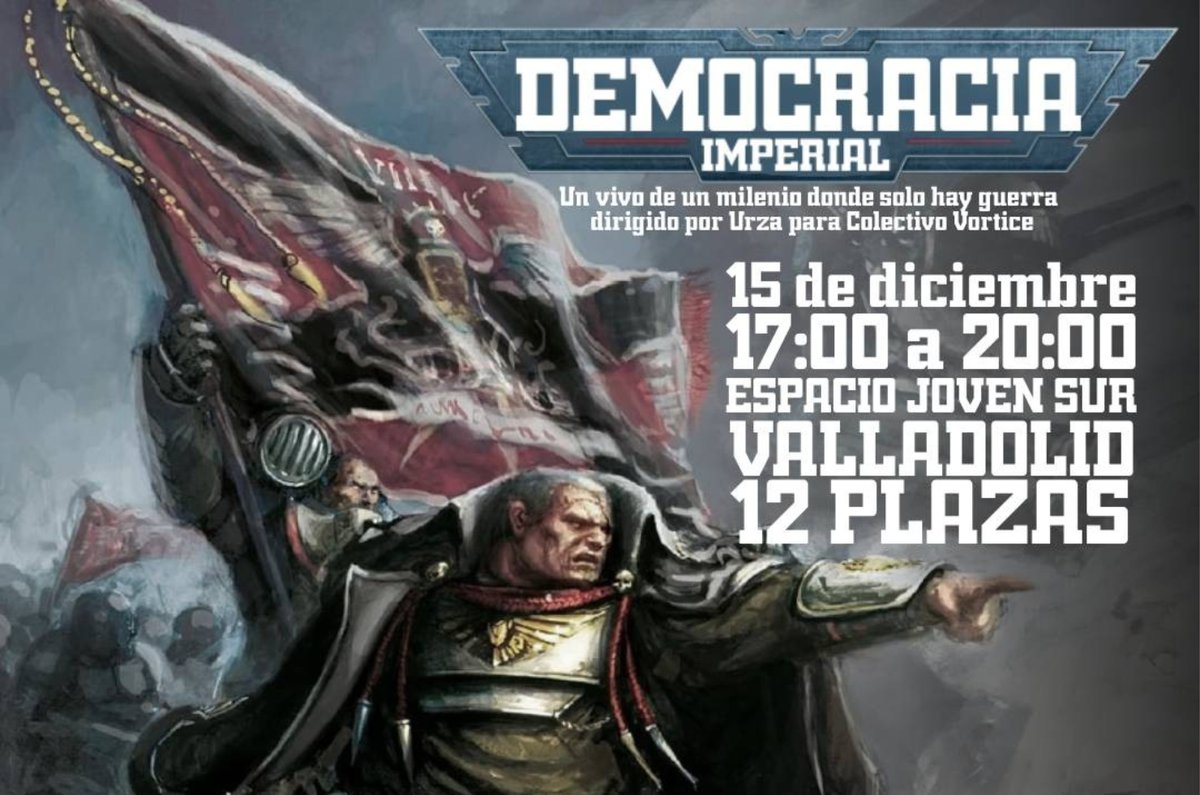 Espacio Joven Sur (@ejovensurva) on Twitter photo Adéntrate en el más oscuro futuro de la humanidad en el rol en vivo DEMOCRACIA IMPERIAL que organiza <a href="/VorticeVA/">VorticeValladolid</a> y que se celebra mañana domingo 15 DIC de 17 a 20:30h.
Plazas limitadas. Toda la INFO e Inscripciones en nuestra web:
espaciojovensur.org/agenda/el-dia-… Adéntrate en el más oscuro futuro de la humanidad en el rol en vivo DEMOCRACIA IMPERIAL que organiza <a href="/VorticeVA/">VorticeValladolid</a> y que se celebra mañana domingo 15 DIC de 17 a 20:30h.
Plazas limitadas. Toda la INFO e Inscripciones en nuestra web:
espaciojovensur.org/agenda/el-dia-…
