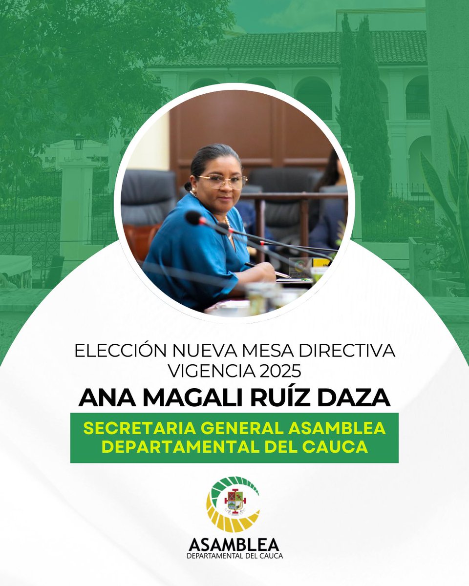 En la sesión ordinaria, la Asamblea Departamental del Cauca eligió su mesa directiva para la vigencia 2025. Los nuevos directivos son:

📌 Camilo Bautista Cobo, presidente
📌 Nilson Manuel Gómez, primer vicepresidente
📌 Ana Magali Ruíz Daza, reelegida como secretaria general