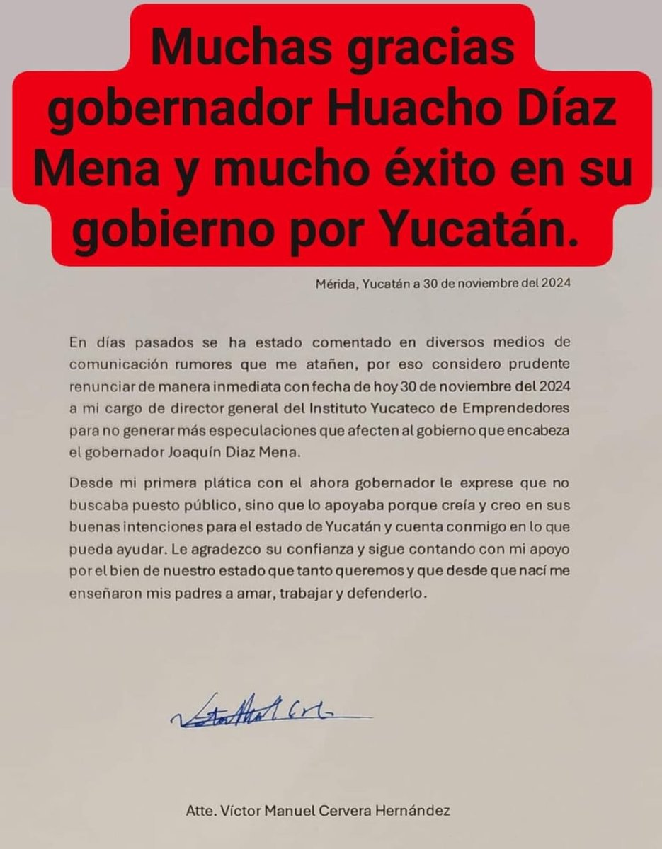 DiariodeYucatan's tweet image. #DYinforma Víctor Cervera Hernández renuncia a su cargo como director del Instituto Yucateco de Emprendedores (#IYEM). Al compartir su publicación en redes sociales también agradeció al gobernador Joaquín Díaz Mena.
Argumenta que busca “no generar especulaciones”.
➡️