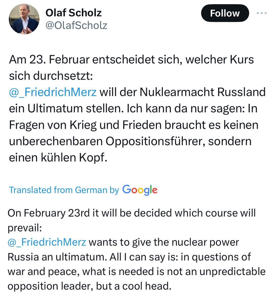 Scholz is a pathetic &amp; utter disgrace.
After over 1000 days of Russian slaughter, during which he repeatedly delayed aid which could’ve saved 🇺🇦 lives, he’s now openly using Kremlin nuclear fearmongering as his main campaign strategy.
A disgrace to his office &amp; our country.
