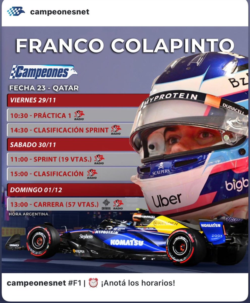 claulegnani's tweet image. #F1 Pole del tetra campeon Max Verstappen 
Franco clasificó 19º y nos esperanza saber que el Williams tiene mejoras en las suspensiones para afrontar con buen ritmo las 57 vtas del #GPQatar que se pone en marcha a las 13:00 y será transmisión de @Campeonesnet con @lonchilegnani