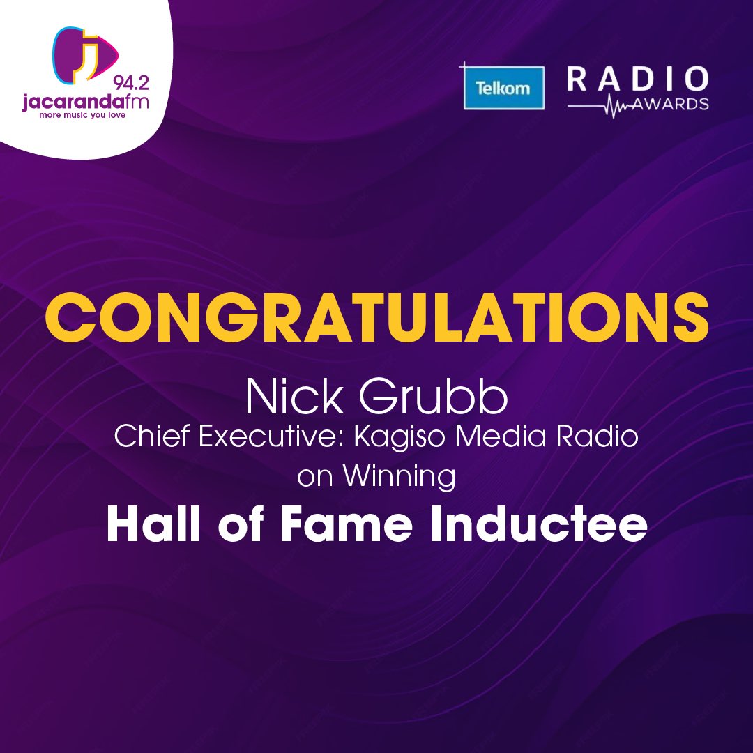 Congratulations to Kagiso Media Radio CEO Nick Grubb for being inducted into the Hall of Fame at the 2024 Radio Awards! 🏆 

#TelkomRadioAwards