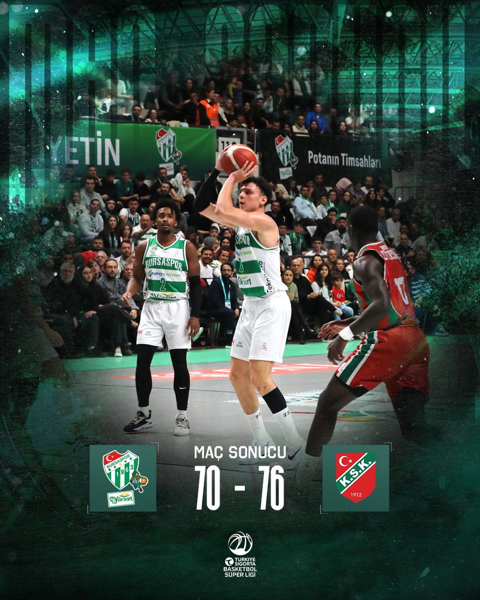 BsBasketbol's tweet photo. Türkiye Sigorta Basketbol Süper Ligi
8. Hafta | Maç Sonucu: 
Bursaspor Yörsan 70-76 Karşıyaka
#BSL #ŞehrininTakımı #Bursaspor