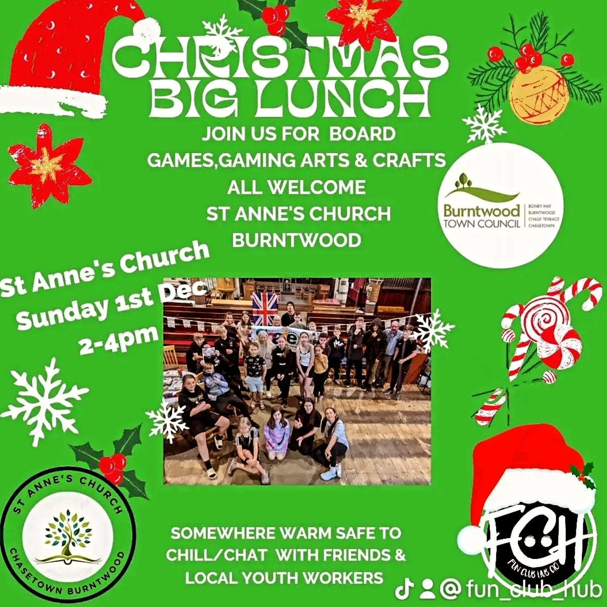 Join us tomorrow @stanneschasetown  WS7 3QL for some festive fun.We will have all the Gaming set up Christmas arts &amp; crafts and games and a lovely buffet by Whitehouse Catering.
Thankyou to @burntwoodtowncouncil for funding this Christmas event and bringing the community together
