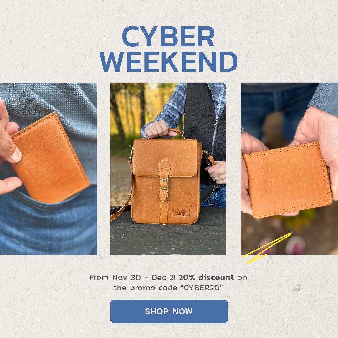 SargeLeather's tweet photo. Cyber Weekend is here! For three days only, enjoy a 20% discount site-wide! Check out our genuine leather wallets or 2-bottle whiskey tote for the special man in your life! Shop now: https://t.co/VhpIMwWRHH https://t.co/p3X3tamWFb