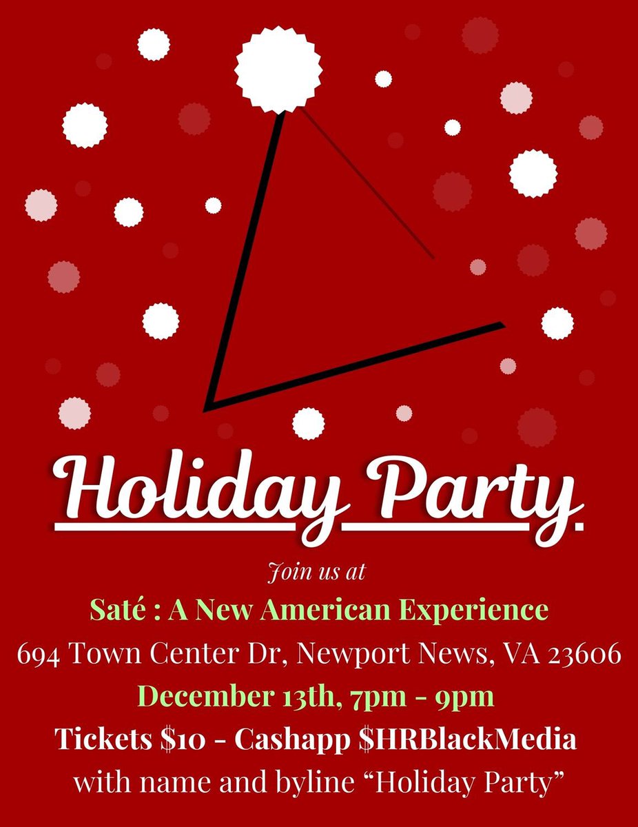 HRBMP will celebrate &amp; “Sleigh” the Holiday Season @ our annual Holiday Party held @ Saté Kitchen in Newport News’ City Center. So don your ugly Christmas 🎄sweater, reindeer antlers, jingle jangle ball jewelry, etc. Cash App information down below. Santa will see you @ 7 PM!