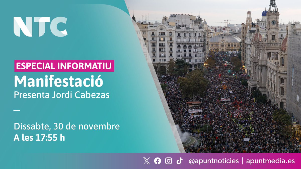 Programació especial amb motiu de la manifestació per la gestió de la #DANA

🕕 Des de les 17:55 h
📺 Presenta <a href="/jordicabezas/">Jordi Cabezas</a>

🔴 Segueix l'última hora també en la ràdio i les xarxes d'<a href="/apuntnoticies/">À Punt NTC</a>